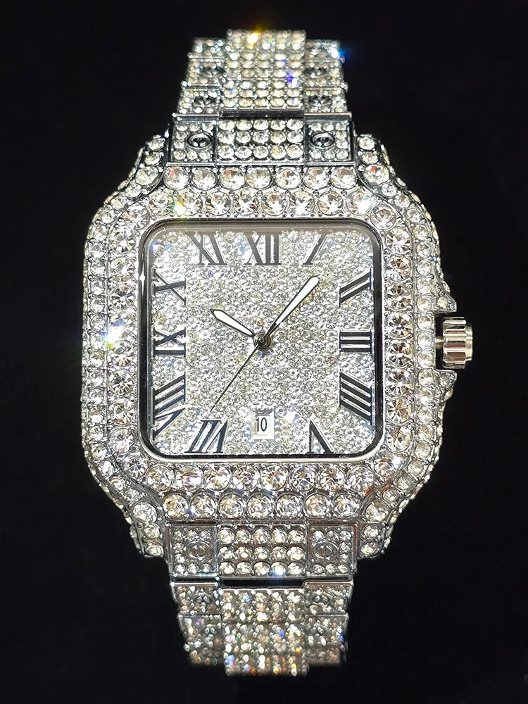 Men's Hip Hop Quartz Watch Fashion Iced out Diamond Men Watch Square Dial Calendar Luminous Feature Wristwatches Gift for Man