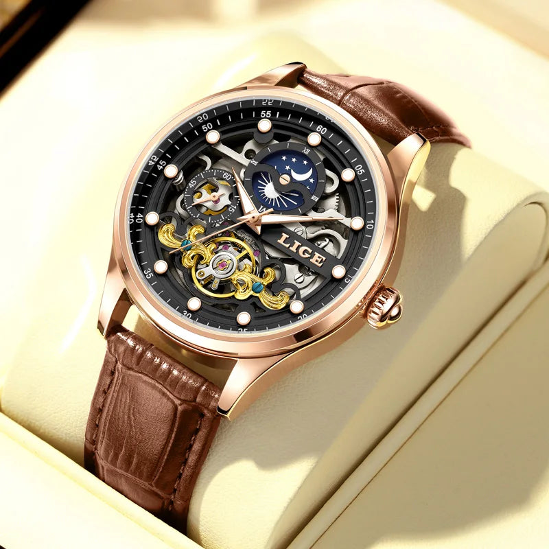 Reloj Hombre Watches Mens LIGE Top Brand Luxury Skeleton Tourbillon Automatic Mechanical Watch for Men Waterproof+Watch Box