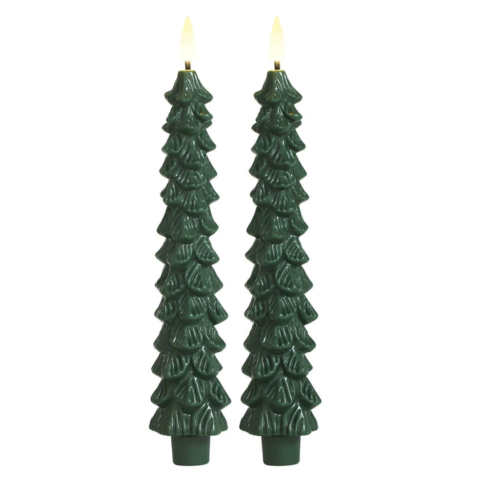2pc/4pcs Christmas Tree LED Flameless Candles Light with 3D Flame Wick Green LED Candlesticks Operated for Christmas Home Decor
