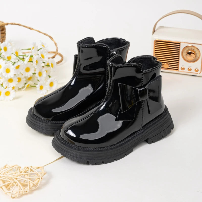 Children's Ankle Boots Winter New Girls Fashion Platform Boots Glossy PU Warm Kids Causal Cotton Boots Sweet Bowknot Versatile