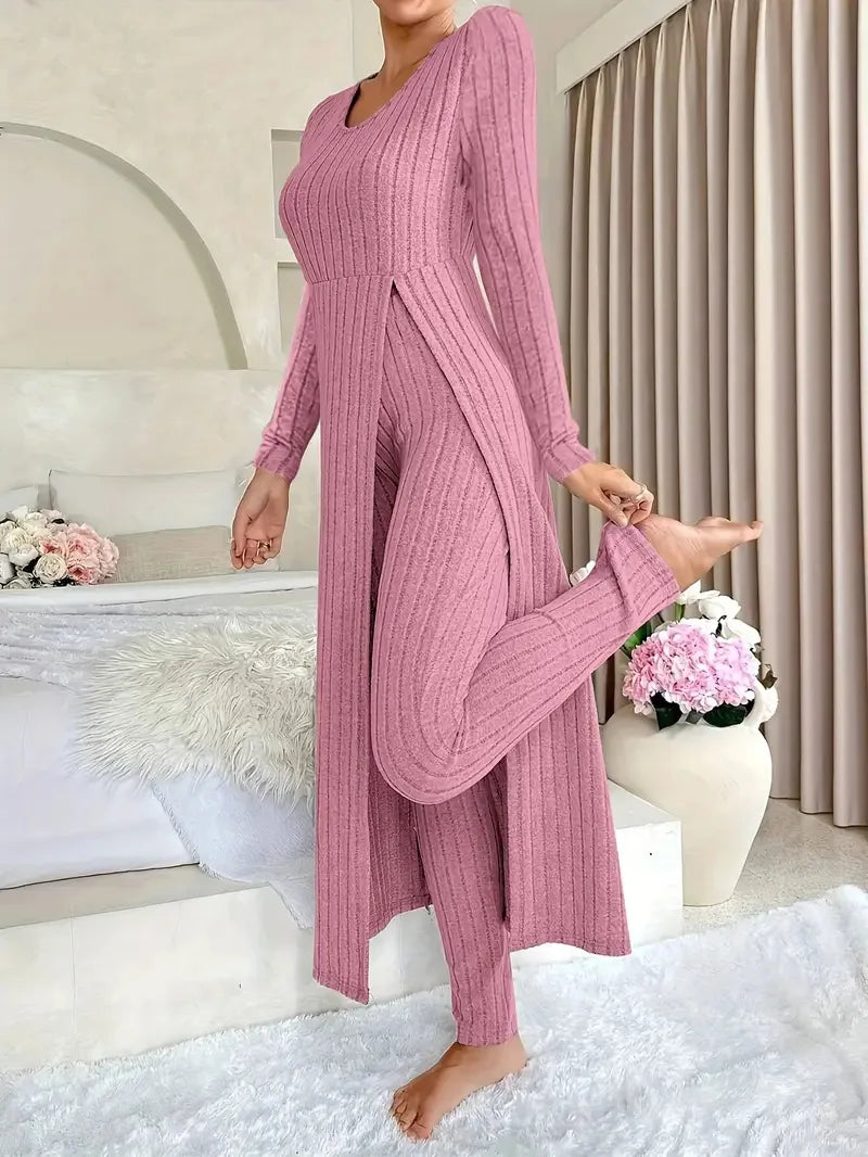 2025 Autumn Winter Home Casual Women's Suit Fashionable Solid Color Round Collar Super Long Slit Top Slim Trousers Two-piece Set