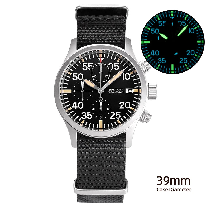 Baltany 39mm Military Chronograph Watch Man S5045 Sapphire Crystal 10ATM Stainless Steel VK67 Calendar Retro Quartz Wristwatches