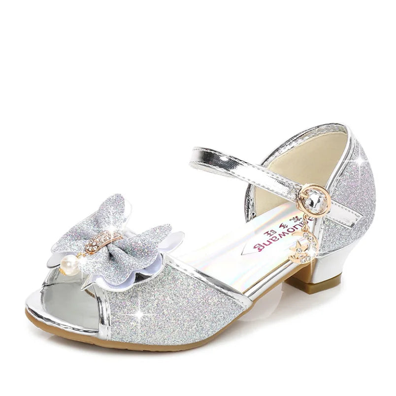 2025 Children Princess Sandals Kids Girls Wedding Shoes High Heels Dress Shoes Bowtie Gold Pink Blue Silver Shoes For Girls
