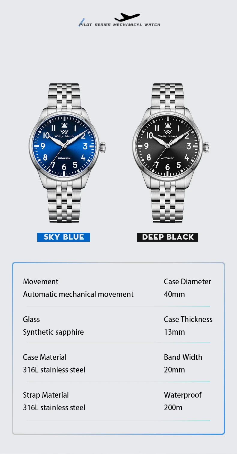 WM Watch Pilot Watch Automatic Mechanical Watches 200M Water Resistant Men Sapphire Casual Business Watch Welly Merck 165M-WM
