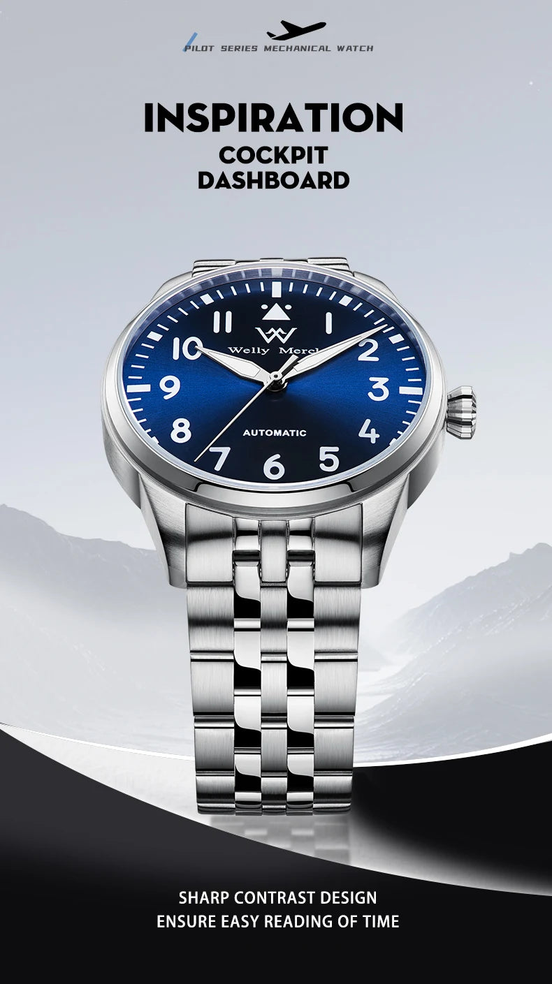 WM Watch Pilot Watch Automatic Mechanical Watches 200M Water Resistant Men Sapphire Casual Business Watch Welly Merck 165M-WM