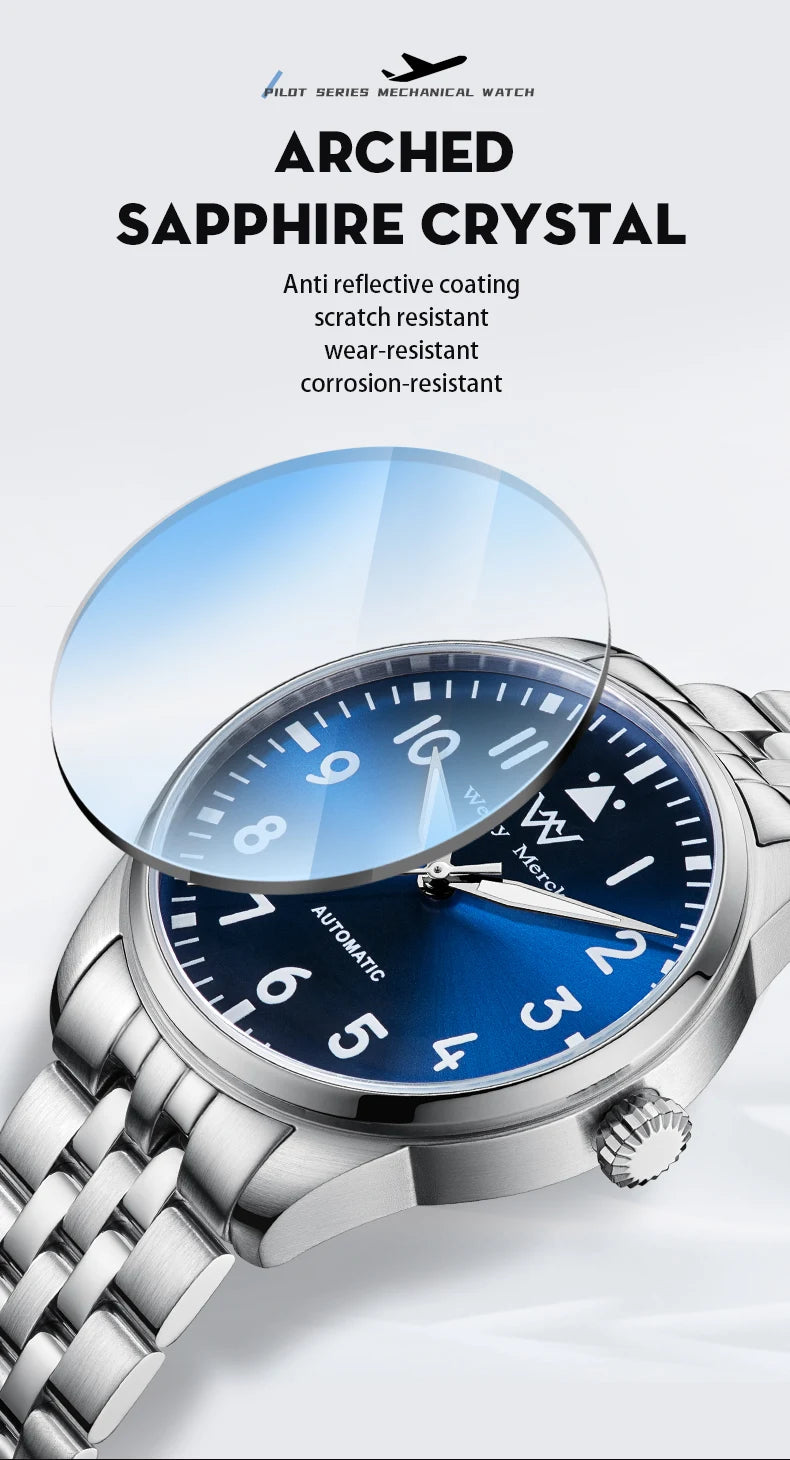 WM Watch Pilot Watch Automatic Mechanical Watches 200M Water Resistant Men Sapphire Casual Business Watch Welly Merck 165M-WM