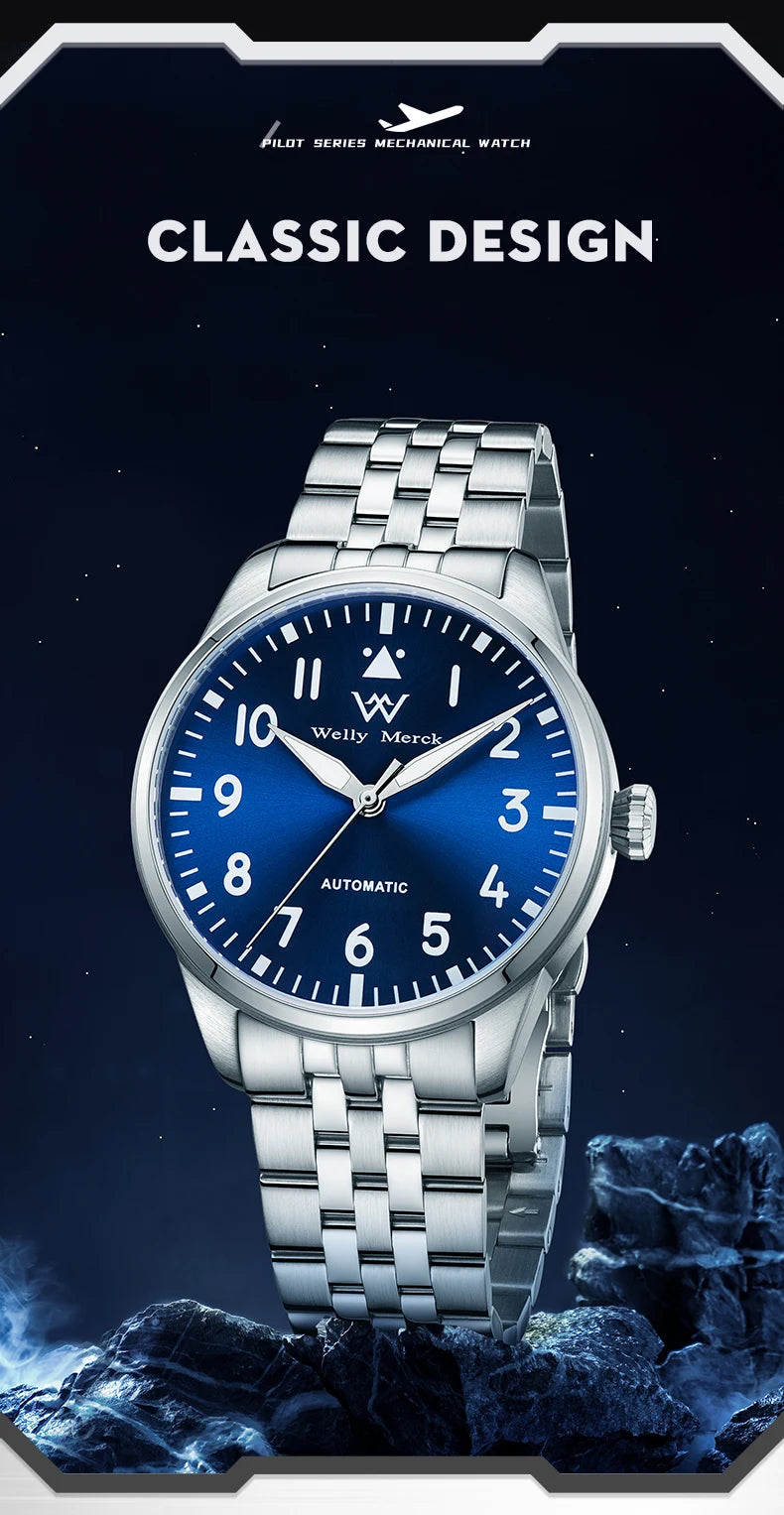 WM Watch Pilot Watch Automatic Mechanical Watches 200M Water Resistant Men Sapphire Casual Business Watch Welly Merck 165M-WM