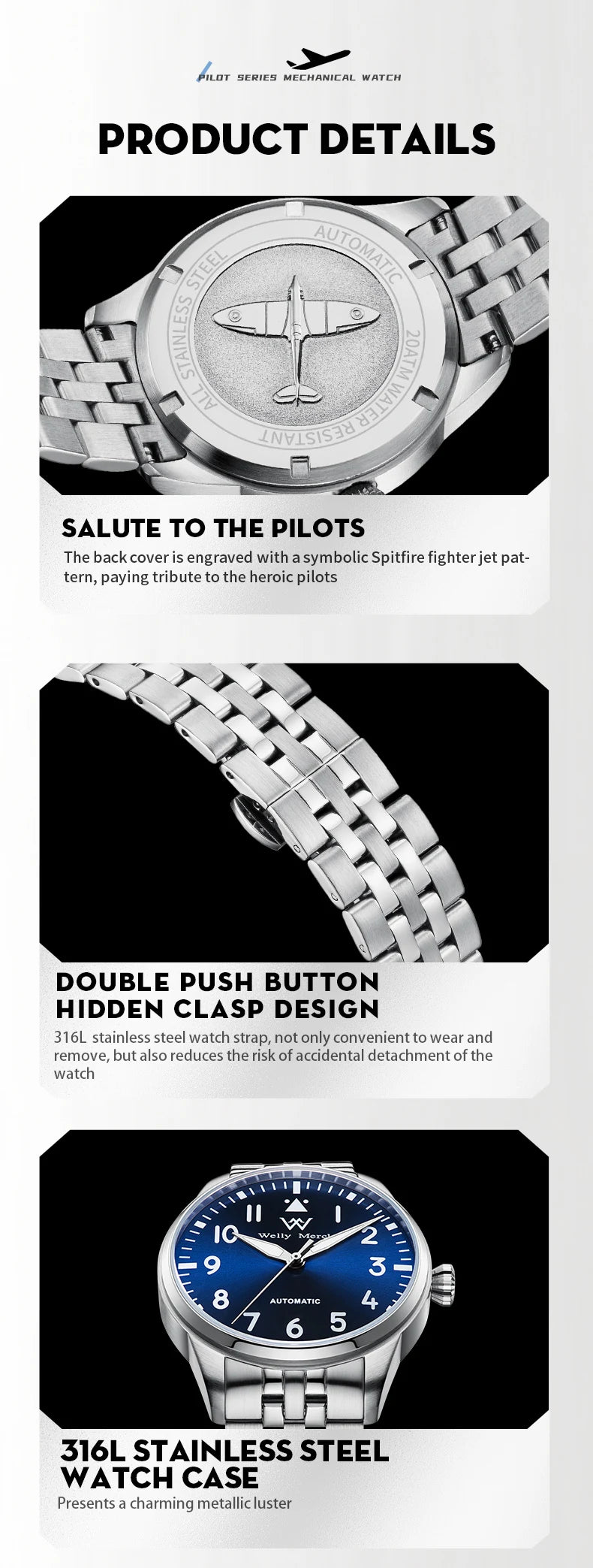 WM Watch Pilot Watch Automatic Mechanical Watches 200M Water Resistant Men Sapphire Casual Business Watch Welly Merck 165M-WM