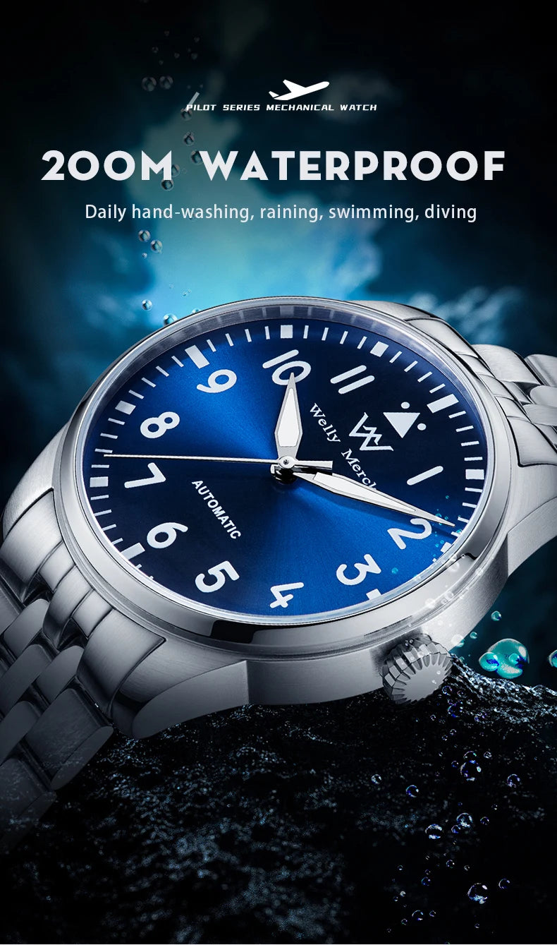 WM Watch Pilot Watch Automatic Mechanical Watches 200M Water Resistant Men Sapphire Casual Business Watch Welly Merck 165M-WM