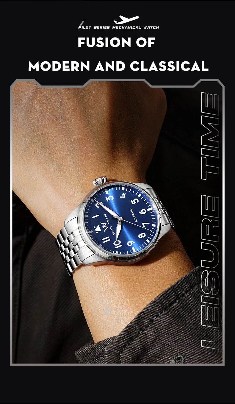 WM Watch Pilot Watch Automatic Mechanical Watches 200M Water Resistant Men Sapphire Casual Business Watch Welly Merck 165M-WM