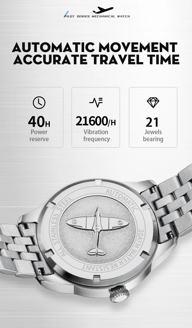 WM Watch Pilot Watch Automatic Mechanical Watches 200M Water Resistant Men Sapphire Casual Business Watch Welly Merck 165M-WM