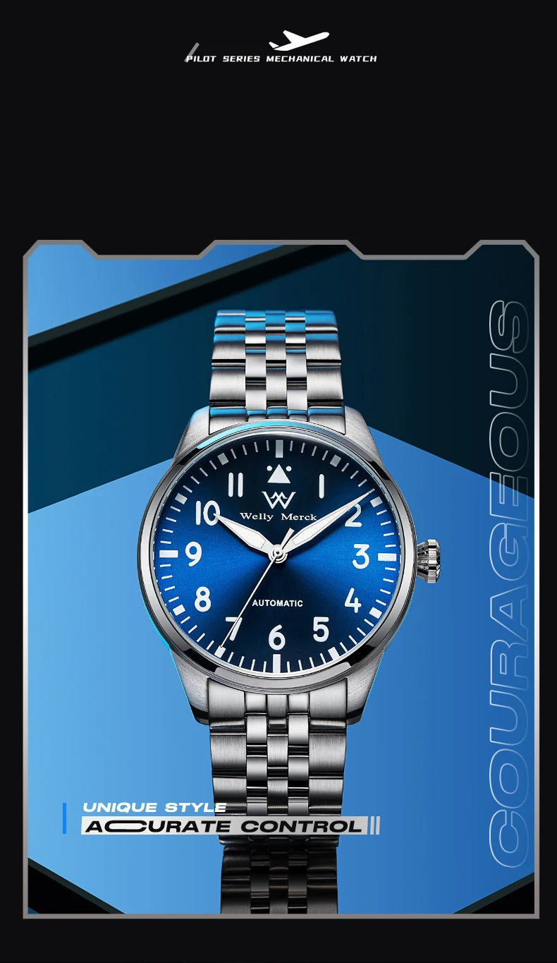 WM Watch Pilot Watch Automatic Mechanical Watches 200M Water Resistant Men Sapphire Casual Business Watch Welly Merck 165M-WM