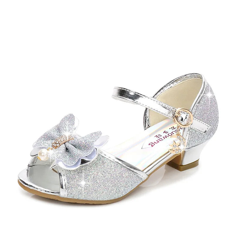 Butterfly-knot Crystal Pearls Sequins Girls Kids Shiny Shoes Medium Big Children's Princess High Heels Sandals For Wedding Party