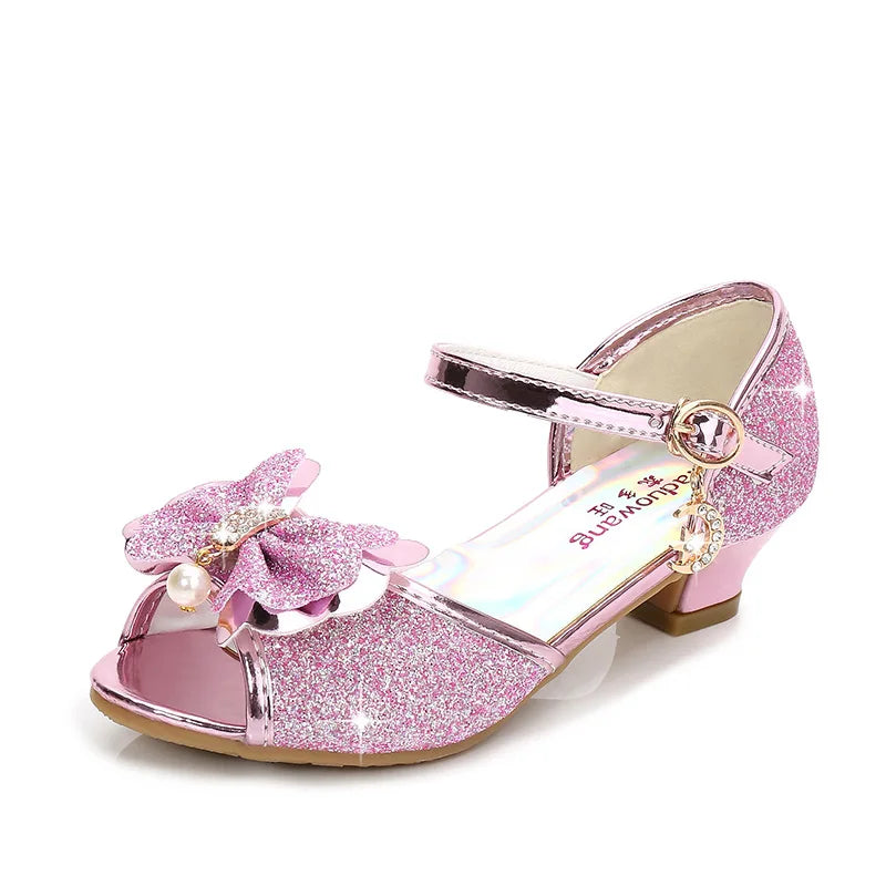 Butterfly-knot Crystal Pearls Sequins Girls Kids Shiny Shoes Medium Big Children's Princess High Heels Sandals For Wedding Party