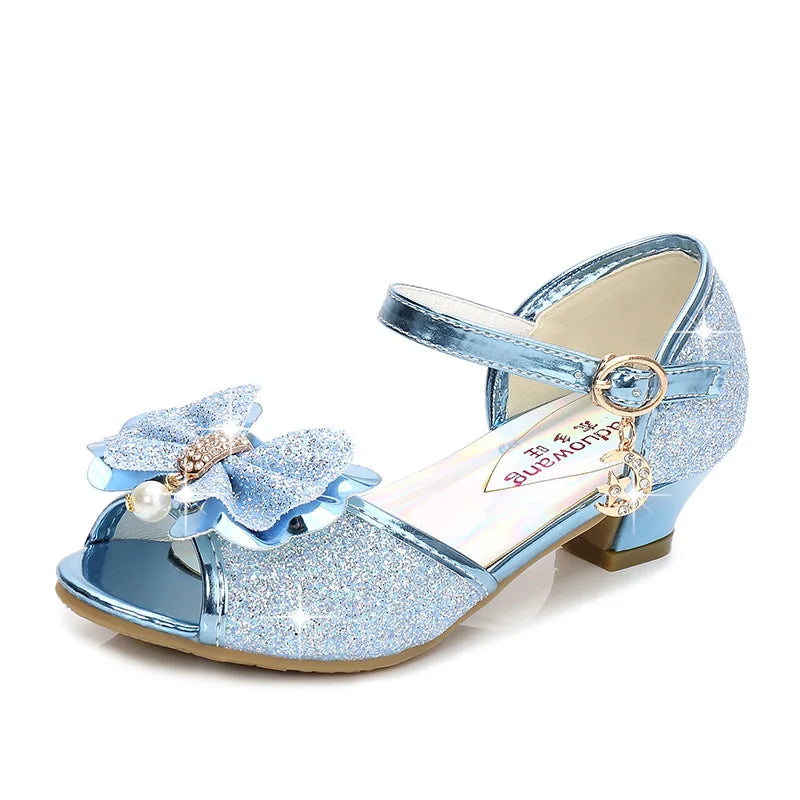 Butterfly-knot Crystal Pearls Sequins Girls Kids Shiny Shoes Medium Big Children's Princess High Heels Sandals For Wedding Party