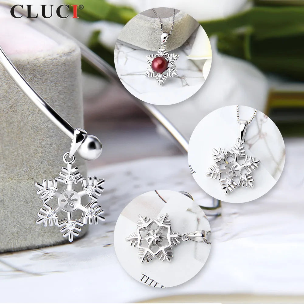 CLUCI 925 Sterling Silver Pendant for Pearls Trendy Snowflake DIY Necklace Bracelet Jewelry for Women Christmas Gift SP325SB