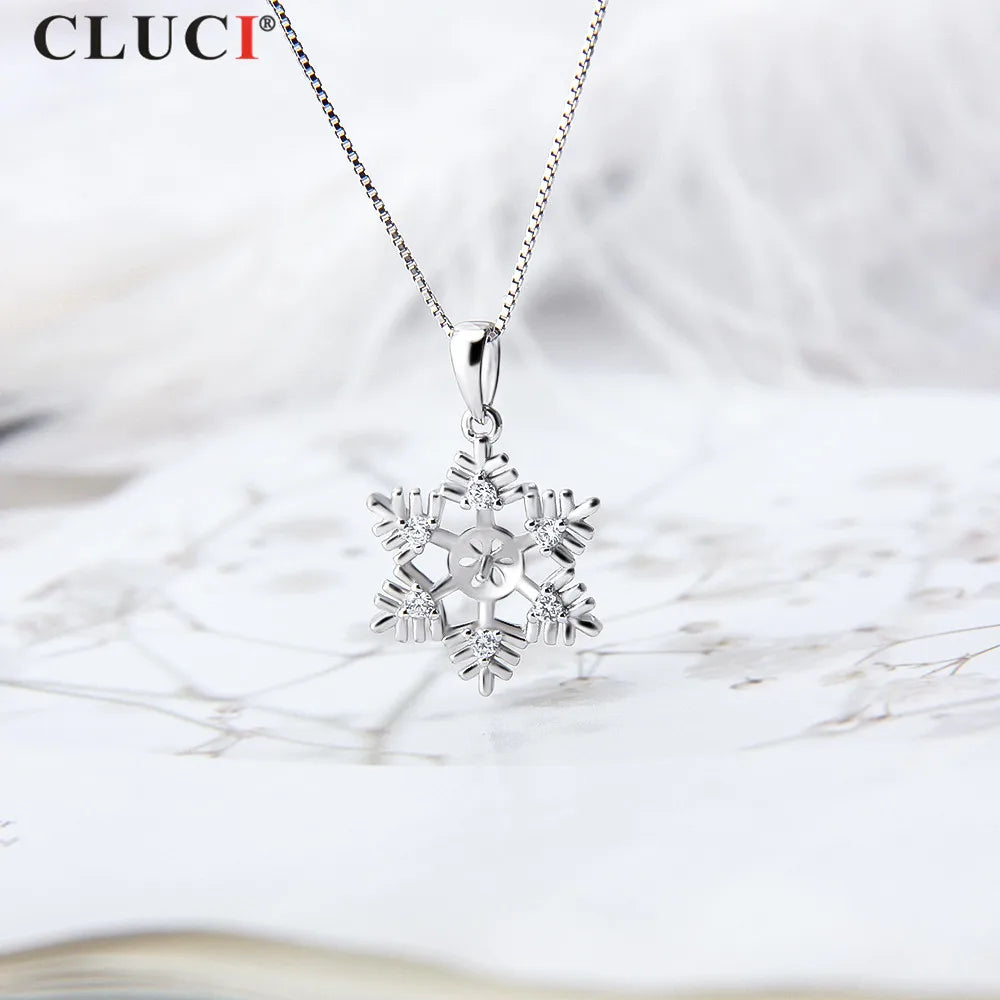 CLUCI 925 Sterling Silver Pendant for Pearls Trendy Snowflake DIY Necklace Bracelet Jewelry for Women Christmas Gift SP325SB