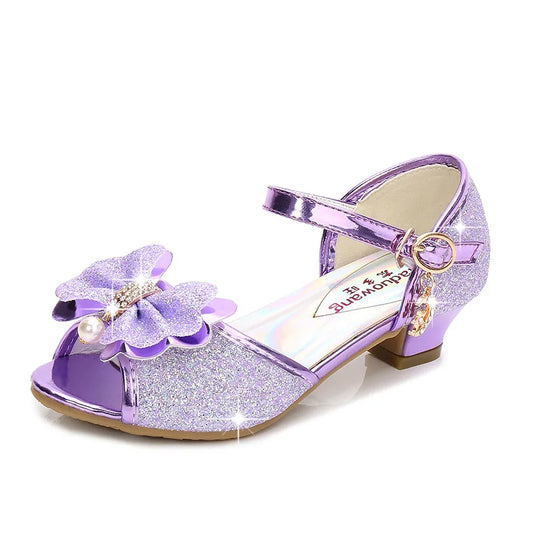 Butterfly-knot Crystal Pearls Sequins Girls Kids Shiny Shoes Medium Big Children's Princess High Heels Sandals For Wedding Party