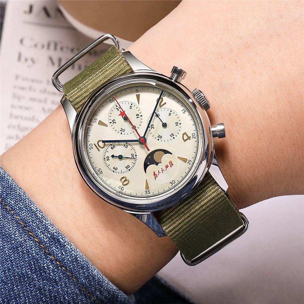 Original 1963 Men's 40mm  ST1908 Moonphase Manual Winding Movement Mechanical Chronograph Sapphire Glass Cream Dial Watch