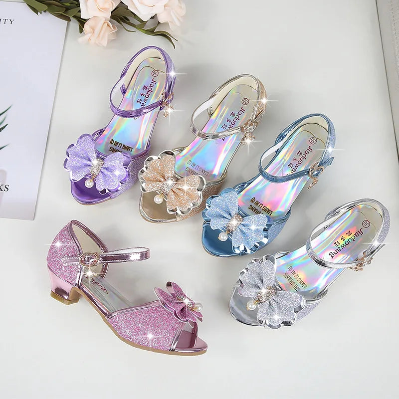 Butterfly-knot Crystal Pearls Sequins Girls Kids Shiny Shoes Medium Big Children's Princess High Heels Sandals For Wedding Party