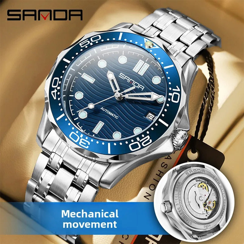 SANDA 2025 New Advanced Mechanical Watch Men's Waterproof Calendar Night Light Rotating Timing Circle Business Sports Watch