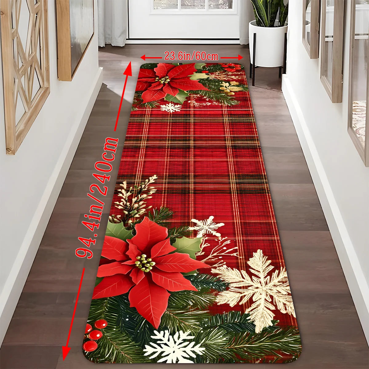VIKAMA Christmas Checkered Corridor Floor Mats, Machine Washable, Bedside/Sofa Rugs, Kitchen Carpets, Home Decorations