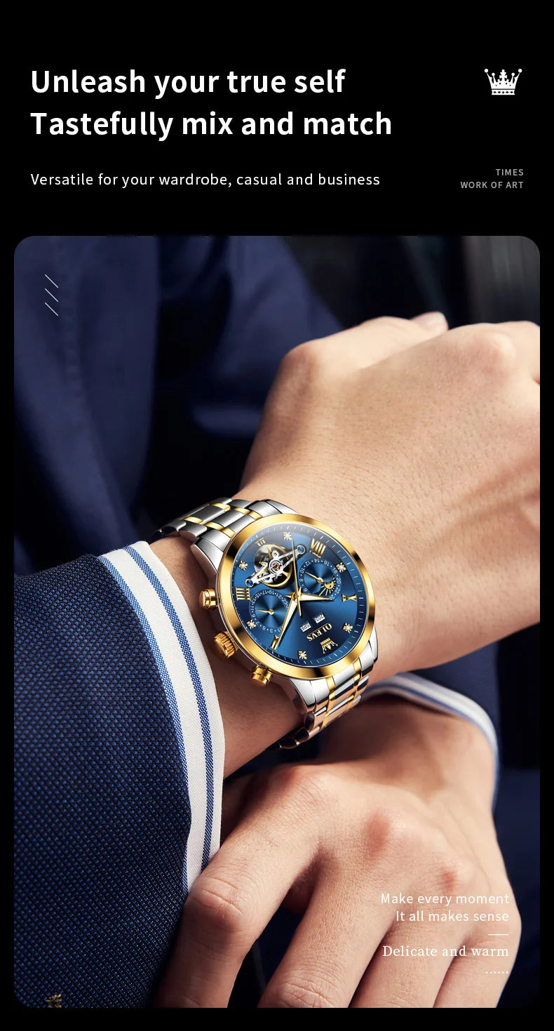 OLEVS 7029 Luxury Man Watch Stainless Steel Hollow Flywheel Moon Phase Exclusive Mechanical Movement Automatic Men's Watches New