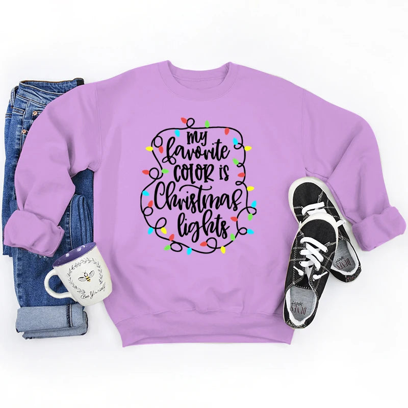 Funny My Favourite Color Is Christmas Lights Print Sweatshirt For Women Crew Neck Long Sleeves Pullover Christmas Sweatshirts