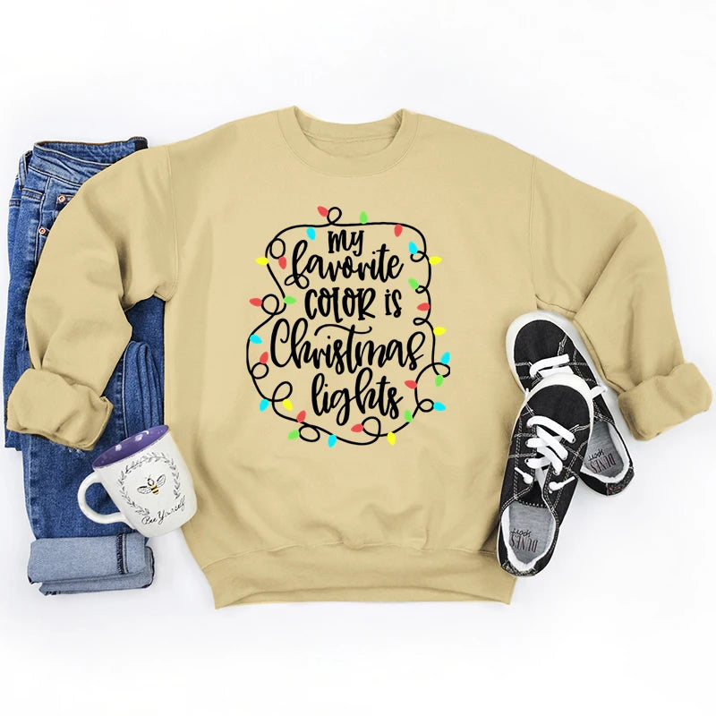 Funny My Favourite Color Is Christmas Lights Print Sweatshirt For Women Crew Neck Long Sleeves Pullover Christmas Sweatshirts