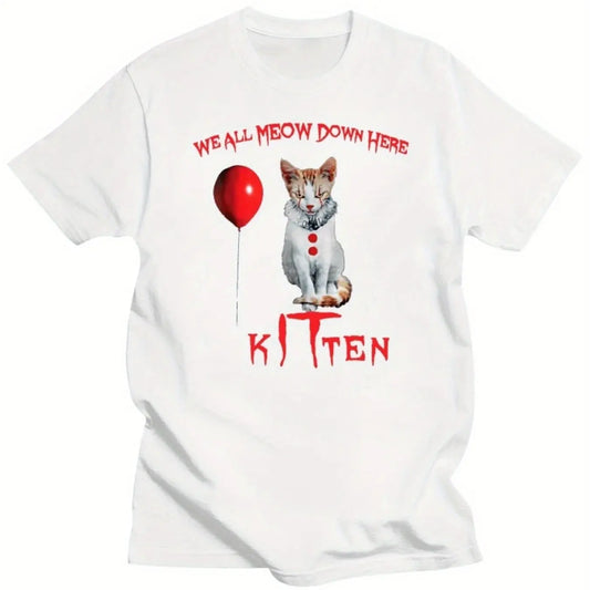 Men's & Women's Cotton T-Shirt - "We All MEOW Here" Clown Cat Graphic Tee Grey Short Sleeve Casual Shirt with Red Lettering Tee