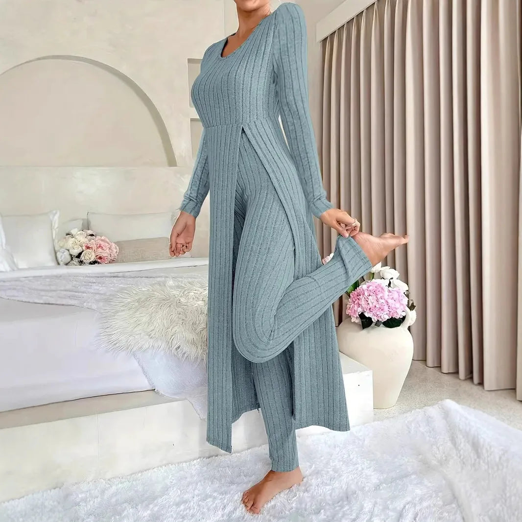 2025 Autumn Winter Home Casual Women's Suit Fashionable Solid Color Round Collar Super Long Slit Top Slim Trousers Two-piece Set