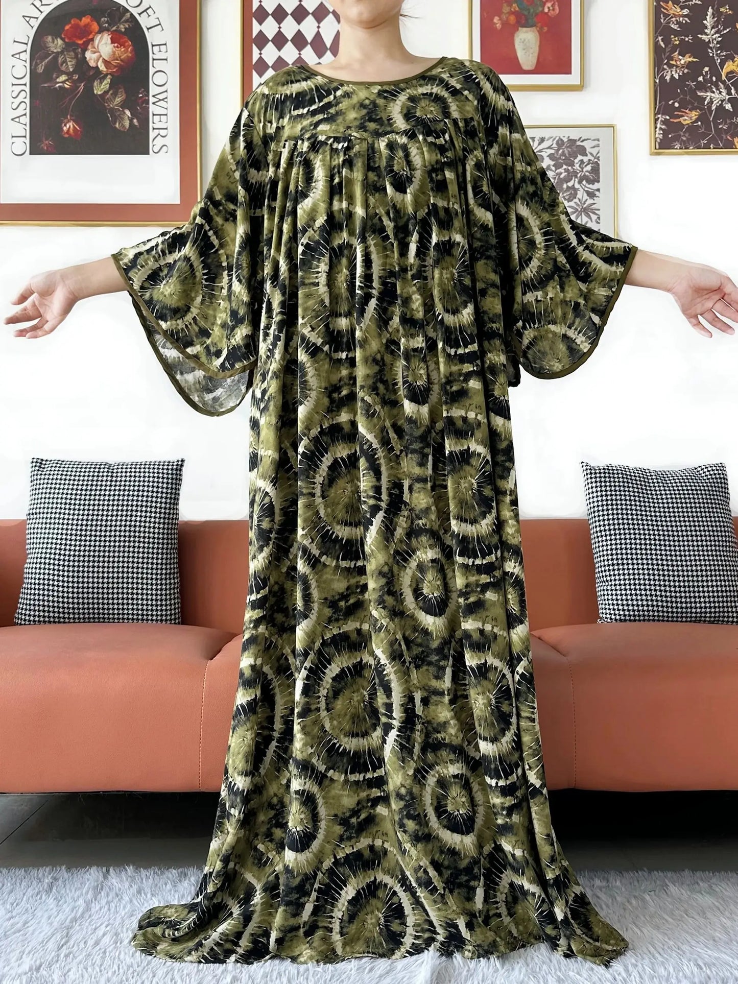 2025 New Loose Floral Dress Short Sleeve Cotton Women Abaya with Big Scarf Boho Maxi Dress Casual Fashion Dress African Vestidos