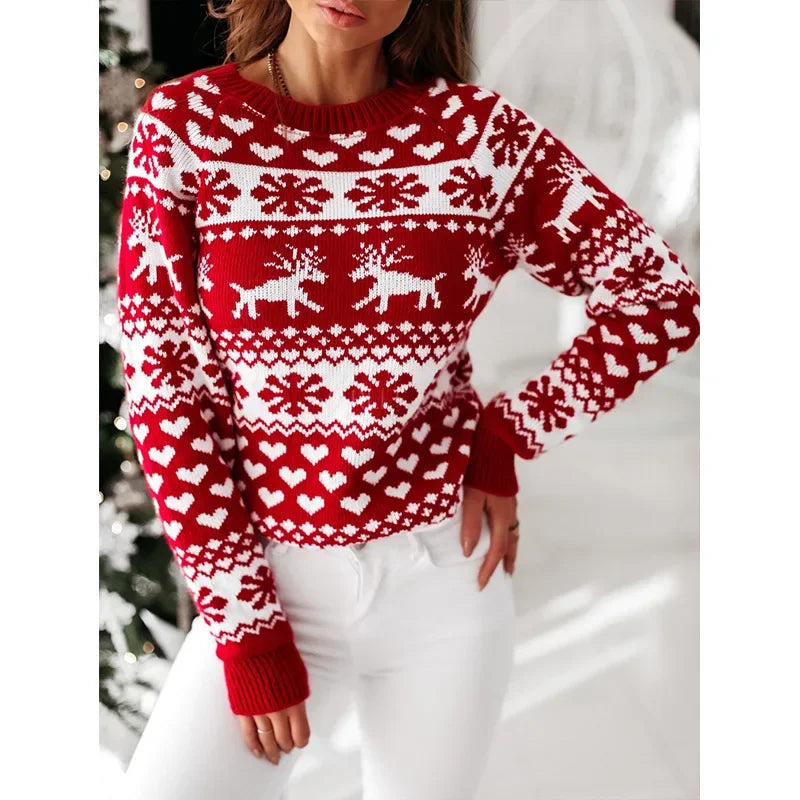 2025 Winter Women Christmas Sweater Snowflak Print Knitted Jumpers Full Sleeve Knitwear Casual Soft Jacquard Pullover Xmas Look