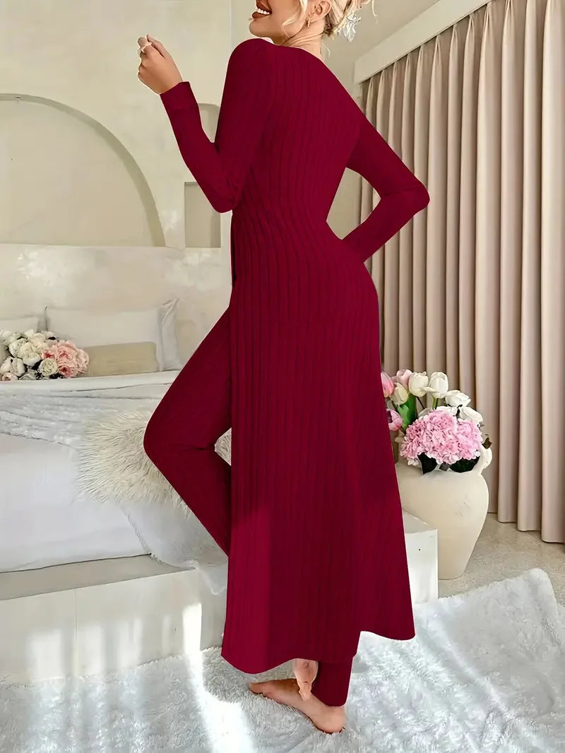 2025 Autumn Winter Home Casual Women's Suit Fashionable Solid Color Round Collar Super Long Slit Top Slim Trousers Two-piece Set