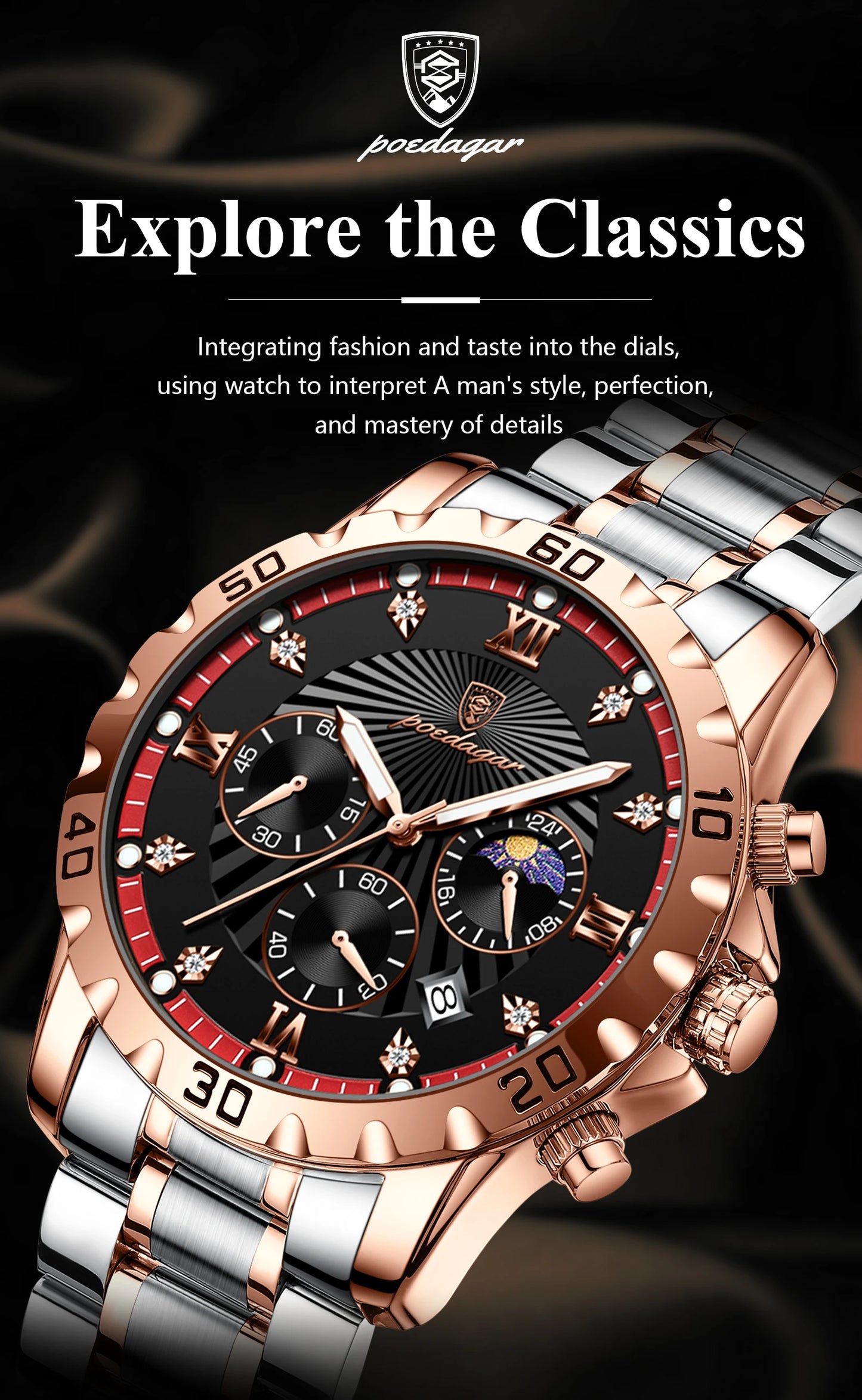 POEDAGAR Luxury Sports Watches For Men Stainless Steel Chronograph Date Man Watch Waterproof Luminous Fashion Men's Quartz Watch