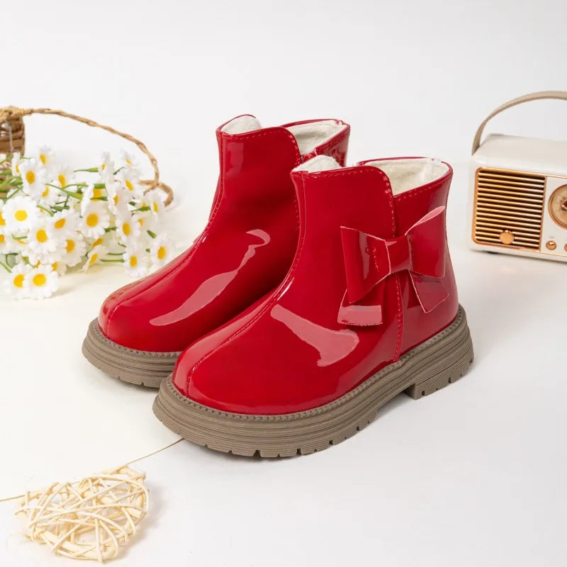 Children's Ankle Boots Winter New Girls Fashion Platform Boots Glossy PU Warm Kids Causal Cotton Boots Sweet Bowknot Versatile