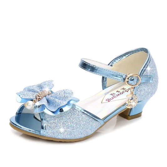 2025 Children Princess Sandals Kids Girls Wedding Shoes High Heels Dress Shoes Bowtie Gold Pink Blue Silver Shoes For Girls