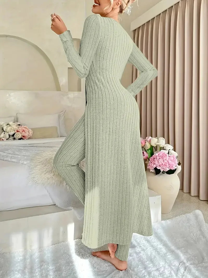 2025 Autumn Winter Home Casual Women's Suit Fashionable Solid Color Round Collar Super Long Slit Top Slim Trousers Two-piece Set