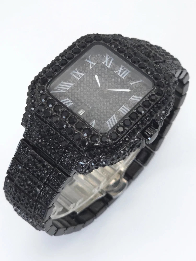 Men's Hip Hop Quartz Watch Fashion Iced out Diamond Men Watch Square Dial Calendar Luminous Feature Wristwatches Gift for Man