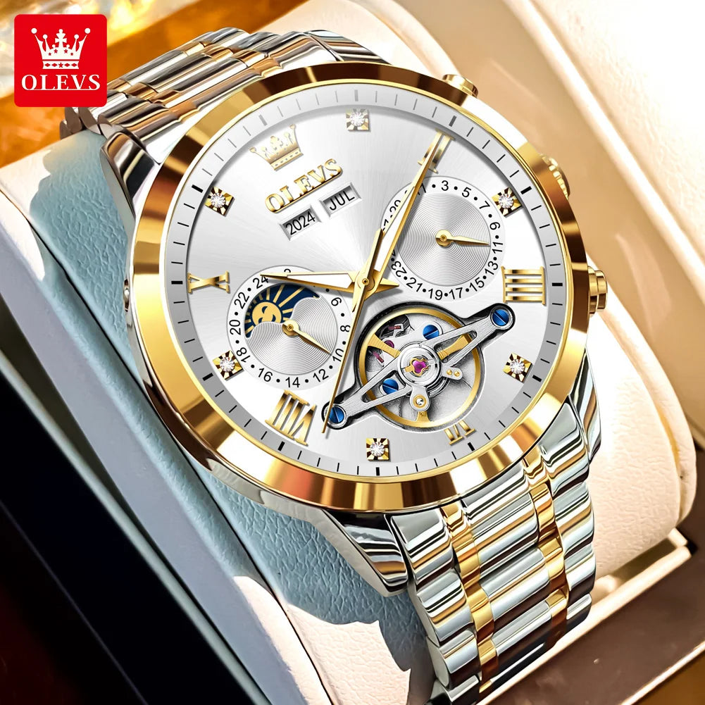 OLEVS 7029 Luxury Man Watch Stainless Steel Hollow Flywheel Moon Phase Exclusive Mechanical Movement Automatic Men's Watches New