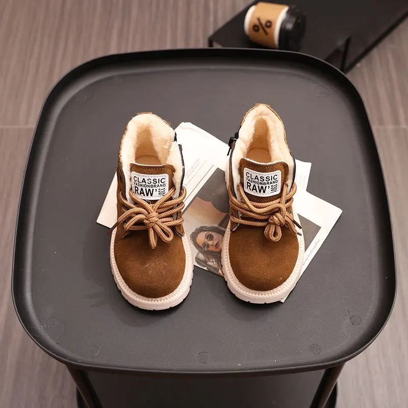 Children's Winter Fashion Cotton Shoes Boys' Warm Cotton Lined Ankle Boots for Boys Girls Side Zipper Retro Snow Thermal Boots