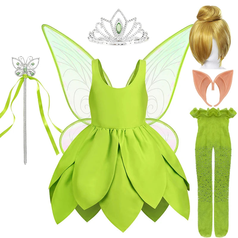 Summer Fancy Girl Green Elf Tinker Bell Backless Dress Christmas Halloween Kids Cosplay Birthday Party Fairy Princess Costumes