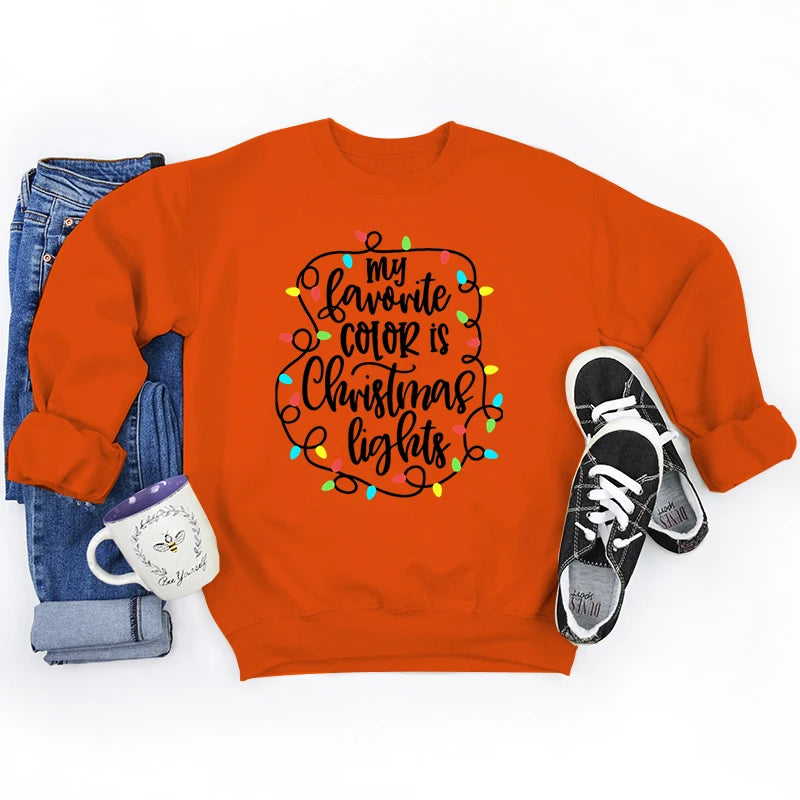 Funny My Favourite Color Is Christmas Lights Print Sweatshirt For Women Crew Neck Long Sleeves Pullover Christmas Sweatshirts