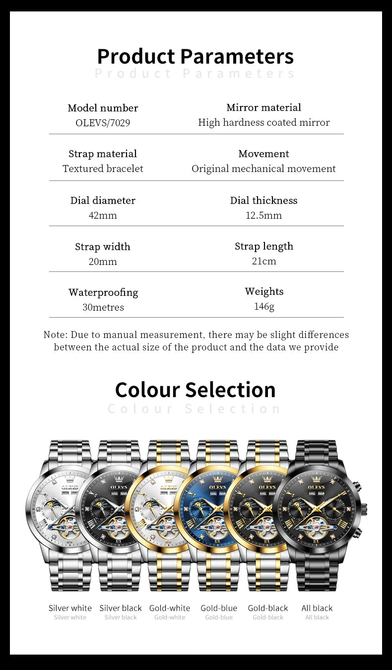 OLEVS 7029 Luxury Man Watch Stainless Steel Hollow Flywheel Moon Phase Exclusive Mechanical Movement Automatic Men's Watches New