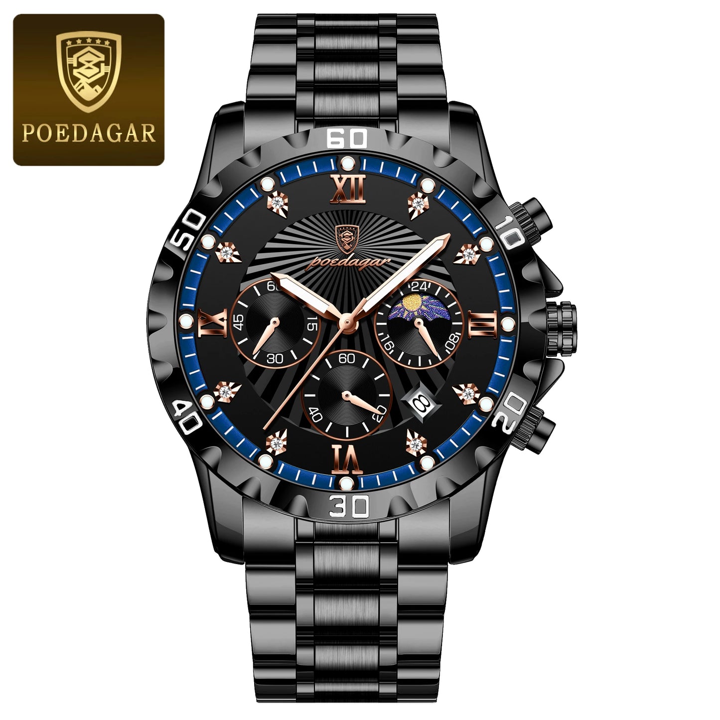 POEDAGAR Luxury Sports Watches For Men Stainless Steel Chronograph Date Man Watch Waterproof Luminous Fashion Men's Quartz Watch