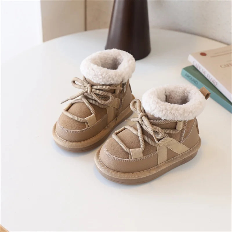 2025 New Winter Children Snow Boots Leather Warm Plush Soft Sole Toddler Boys Shoes Non-slip Fashion Girls Boots EU 21-30