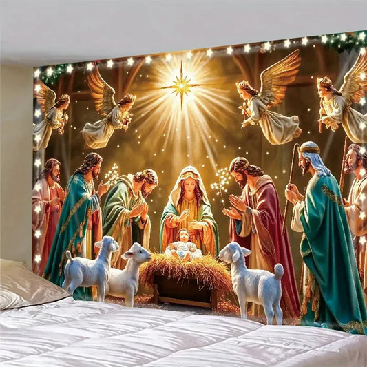 Nativity Scene Starry Night Tapestry Wall Hanging Religious Manger Scene Tapestries Traditional Christmas Birthday Wall Decor