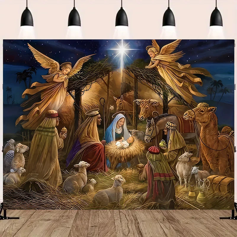 Nativity Scene Starry Night Tapestry Wall Hanging Religious Manger Scene Tapestries Traditional Christmas Birthday Wall Decor