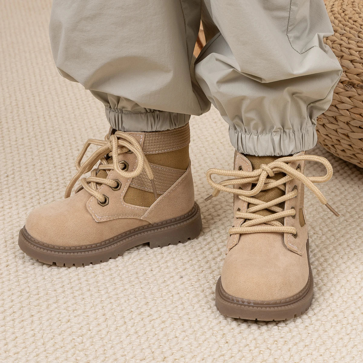 Four Seasons Children's Casual Booties Kids Fashion Design High-top Solid Color Lace-up Martin Boots Rubber Soft Anti-slip Sole