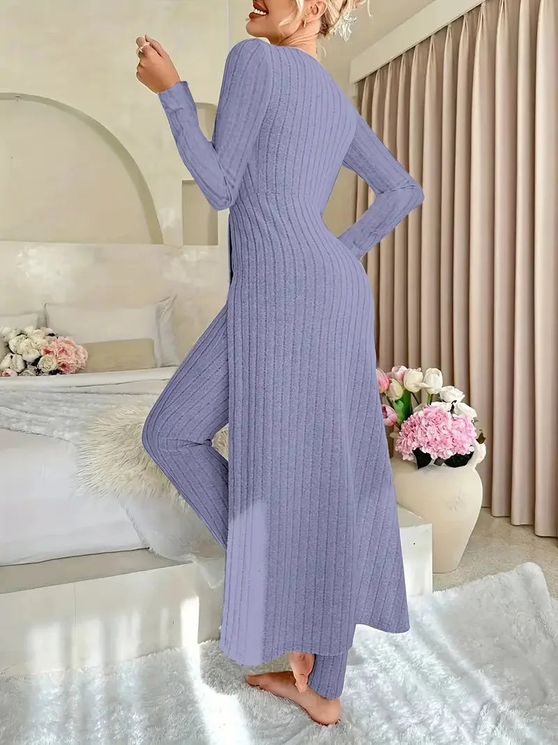 2025 Autumn Winter Home Casual Women's Suit Fashionable Solid Color Round Collar Super Long Slit Top Slim Trousers Two-piece Set